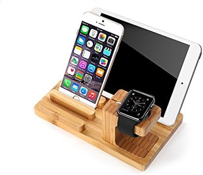 Wooden Charge Docking Station Cradle Bracket for iPod iPhone iPad Smooth Natural Bamboo Charging Dock Holder for Iphone Watch 38mm/42mm and Smartphones and Tablets (Bamboo)