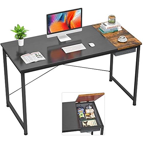 Foxemart Computer Desk, 47 Inch Study Writing Desk for Home Office Workstation, Modern Simple Style Laptop Table with Storage Bag/Drawer, Black and Rustic Brown Cover