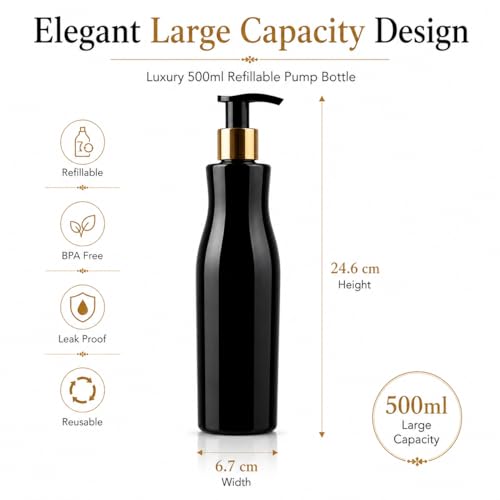 Image of Prakash Empty Plastic Trophy Pump Bottles Dispenser 500ml Portable Shampoo Lotion Hand Bottle (Black Trophy Golden Pump 500ML, Pack of 6)