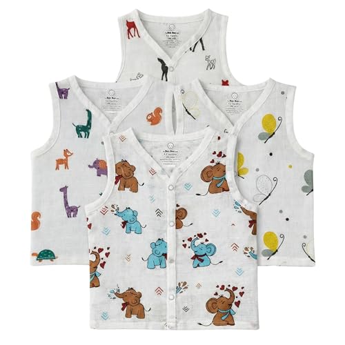 Image of The Boo Boo Club Unisex Baby Muslin Cotton Printed Sleeveless Jhabla, Soft Breathable for Summer Wear (Pack of 4)