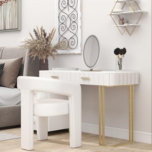 Image of HNY Modern Barrel Kitchen & Dining Room Chair, PU Leather Upholstered Accent Chair with Arm, 18.5'' Wide Side Armchair Vanity Chair for Living Room Bedroom Makeup Small Spaces, White