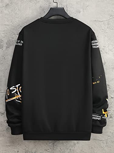Gorglitter Men's Casual Letter Graphic Print Sweatshirt Long Sleeve Round Neck Pullovers Top Black Large #TOP1