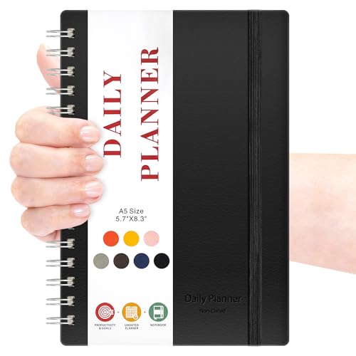 Tagesplaner Undated Kalender Planer A5 - To Do Liste Block Buchkalender 2026 1 Tag 1 Seite Zeitmanagement Aufgabenliste mit Wochenplaner Lederbezug Daily Planner für effizientes Zeitmanagement