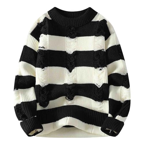 Cambkatl Men's Fashion Ripped Color Block Pullover Sweaters - Cozy Soft Winter Casual Loose Crewneck Long Sleeve Knitted Tops