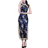Vintage Chinese Cheongsam Costume Sleeveless Side High Split Floral Print Evening Party Gown Cocktail Midi Length Dress 44# Blue, M