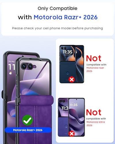 Image of for Motorola Razr+ Plus 2026 Case /Razr+ Plus 2025 Case with Hinge Protection & Built-in Outer Screen Protector, PU Leather Matte PC Shockproof Cover, Ultra Slim Case for Razr+ 2026 /2025-Purple