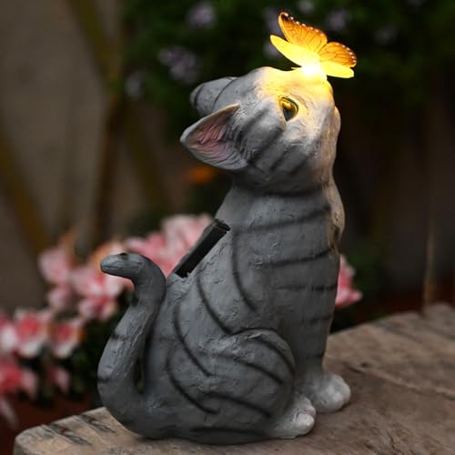 Bolanggu Solar Cat Garden Figurines Outdoor Decor Statue with LED Lights for Patio Balcony Yard Lawn Housewarming Gift for Garden Mom Grandma (Grey)