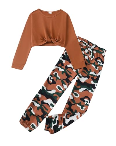YOURUIKEY Girls Sweatsuit Fall Outfits 2 Piece Long Sleeve Twis Front Shirts and Camo Jogger Set Clothes for Girl Size 7-8