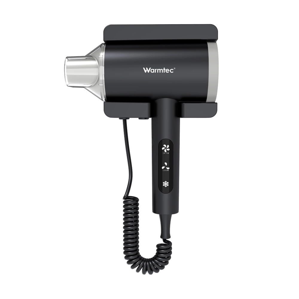 WARMTEC Hotelfön 1875W - Haartrockner mit Wandhalterung und LED-Display - Wandfön für Hotel mit Berührungssensor, 2 Heizstufen, Kaltluft und Stylingdüse - Kompakter Wandhaartrockner - Schwarz Matt