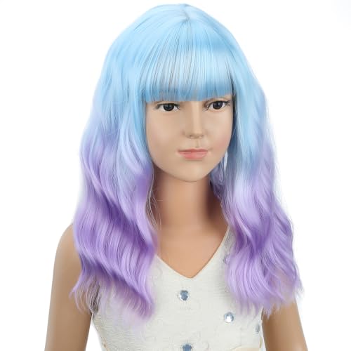 Image of Light Blue Ombre Light Purple Wig for Girls Blue Purle Wig with Bangs Adult Short Wavy Curly Wigs Synthetic Cosplay Hair Wigs