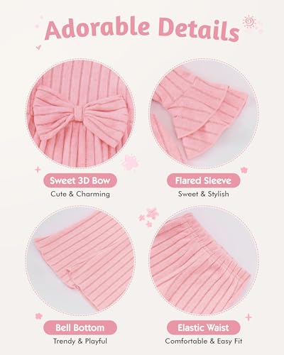 Image of SODLON Baby Girl Clothes Toddler Fall Winter Outfits Ruffle Long Sleeve Bow Top Flared Pants Set Bell Bottom Clothing 18M-5T