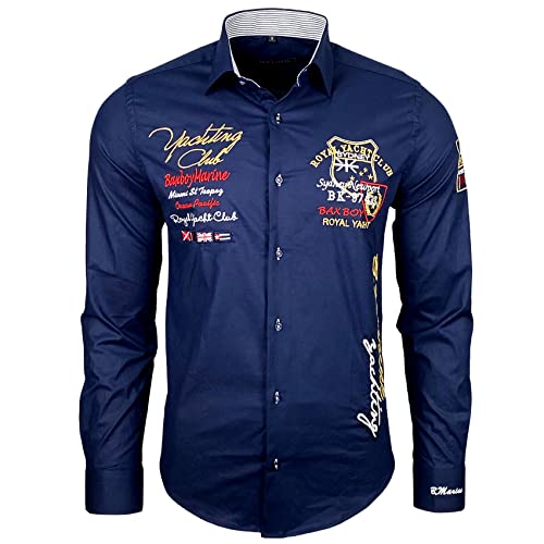 Subliminal Mode - Camisa para hombre bordada moderna y moderna cuello Kent de manga larga a rayas de corte ajustado BX508, azul marino, XL Cover