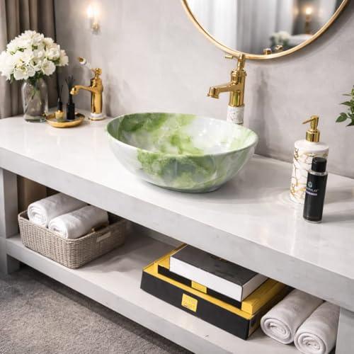 Image of Ceramic Tabletop Wash Basin - Glossy Bowl Shape Countertop Vessel Sink with Marble Finish for Bathroom & Vanity | Compact 16 x 13 x 5 Inch | Elegant Washbasin