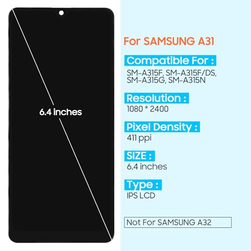 Screen Replacement for Samsung Galaxy A31 A315 LCD Display Touch Screen Digitizer Assembly SM-A315F SM-A315F/DS SM-A315G with Repair Kits (Black,6.4 inch)