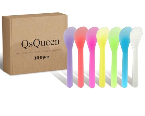 100 PCS Cosmetic Spatulas, 7 Colors – Reusable Hygienic Makeup Scoop for Face Masks, Creams & Skincare, Flexible PP Tool for Mixing, Sampling, DIY, Salon & Travel 4.88'' x 1.06"