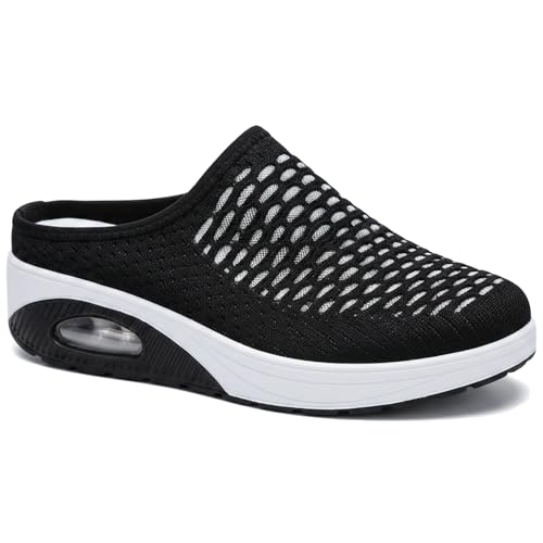 NSNEOND Women's Mesh Stretch Knitted Air Cushion Mule Clogs Fashion Comfortable Closed Round Toe Breathable Slip On Wedge Orthopedic Mules Sneaker for Summer Casual Beach Walking Slippers (Black,7)