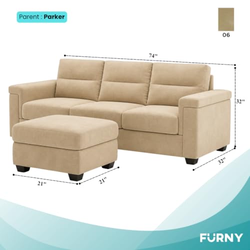 Image of FURNY Parker 3 Seater Sofa Set with Ottoman | Premium Suede Velvet Fabric Finish | Durable Comfort Sofa for Modern Living Room & Office Spaces (Beige)
