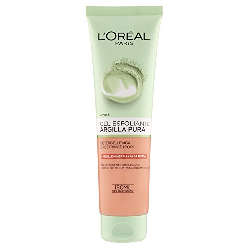 L'Oréal Paris Detergenza Argilla Pura Gel Esfoliante Viso, Deterge, Leviga la Pelle e Restringe i Pori, 150 ml