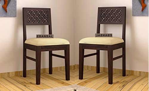 Image of CNC Wooden Dining Chairs Set of 2 for Kitchen & Dining Room, Chairs with Cushion, Two Seats, Solid Sheesham Wood, Walnut Finish