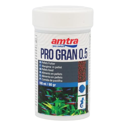 Amtra Pro Gran Micro 0.5 - 100 ml, Mangime completo per pesci rossi d'acqua dolce e marina di piccola taglia, micropellet da 0.5 mm, con farina di vermi, gamberetti e alghe