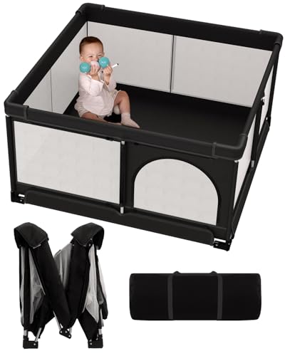 Image of Veraste Foldable Baby Playpen, 51 inchx51 inch Indoor & Outdoor Play Yard with Single-Joint Frame, Breathable Mesh, Non-Slip Base, Portable Playpen for Toddlers and Infants (Black)