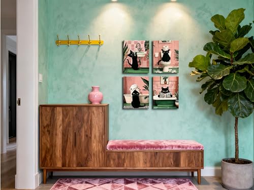 Image of Frimeeme Funny Black Cat Canvas Wall Art,Set of 4,8x10 inches,Framed