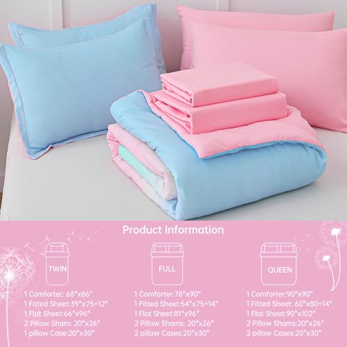 Image of Dinjoy Girls Comforter Set 7 Pieces, Queen Size Colorful Ombre Rainbow Bedding Set, Bed in A Bag for Kid Teen Girls (1 Comforter, 1 Flat Sheet, 1 Fitted Sheet, 2 Pillow Shams, 2 Pillowcases)