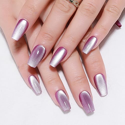 evpct Purple Cat Eye Coffin Press on Nails Square Medium, Medium ...