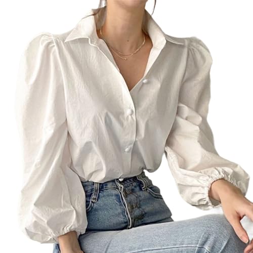 YROHGKPN Blusa de mujer de una sola hilera con botones para trabajo y oficina estilo vintage manga 3/4 solapa cuello con revés V casual camisa holgada mujer con mangas abullonadas, Blanco, M