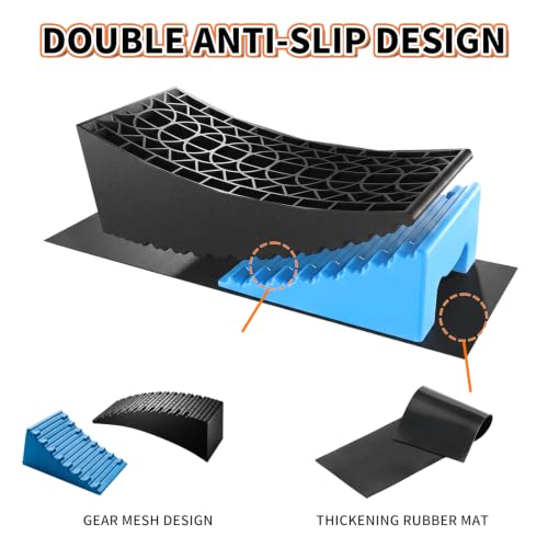 Image of OULEME RV Leveling Blocks, Camper Leveler System 2 Packs for Dual Axle Tandem Wheel Travel Trailer, Include 2 Curved Leveler Ramp, 2 Chock, 2 Rubber Mat, 1 T Bubble Level, 1 Carry Bag, Blue