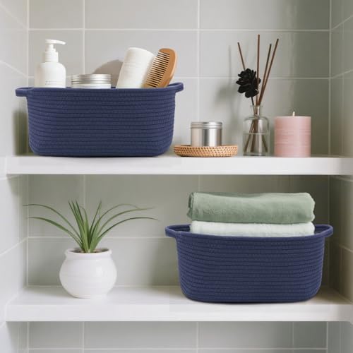 Image of Woven Basket with Gift Bags and Ribbons, 14 inchX 10 inch X 6 inch Storage Basket Blue | Gift Storage Organizer Basket Bin Shelf Shelves Cotton Rope Basket for Nursery, Pet Toys