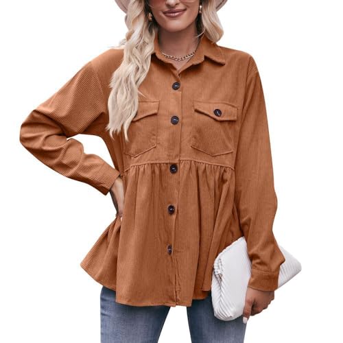 MINTLIMIT Women's Corduroy Peplum Shirt Jacket Long Sleeve Button Down Babydoll Blouse Shacket top with Pocket for 2024