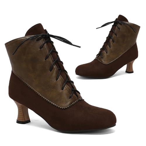 Alyaafifa Lace Up Booties for Women 2 Inch Kitten Low Heel Comfy Pointed Closed Toe Vintage Gothic Victorian Ankle Boots Two-Toned Matte Leather Short Boots Working Party