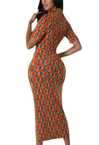 Image of ZERMOM Women's Button Down Shirt Dress Short Sleeve Print Collar V Neck Summer Bodycon Midi Dresses