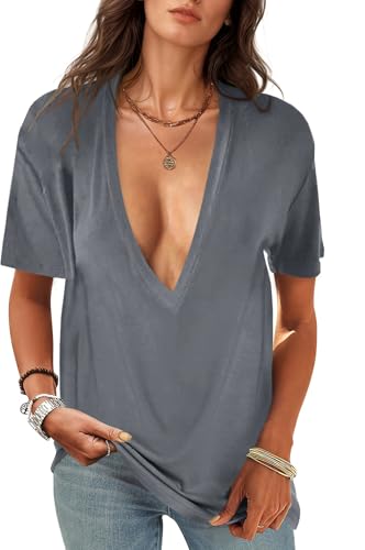 Image of UNCLECAT Womens Deep V Neck T Shirts Summer Oversized Short Sleeve Tops