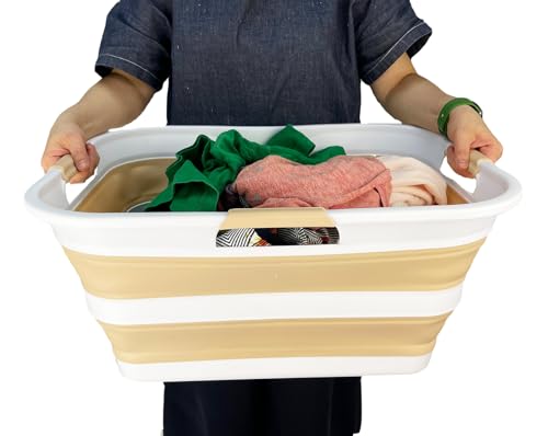 Image of SAMMART 42 (11 Gallons) Collapsible Plastic Laundry Basket, Foldable Pop Up Storage Container /Organizer, Space Saving Hamper, Portable Bin for Dorm Room Bathroom (2, White /Beige)
