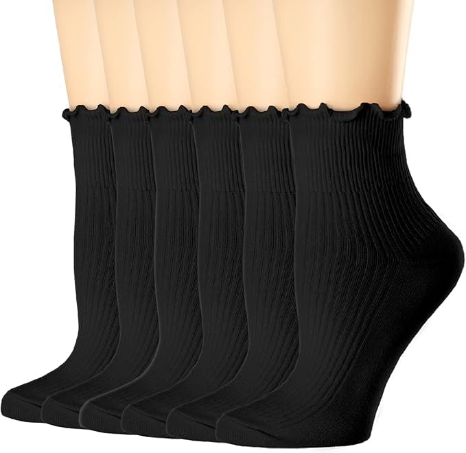 bropapa Damen Rüschen Socken,Elegante Socken mit Spitze Rand, Atmungsaktive Baumwolle Knöchel Socken, Bequem für Frauen, 6-Pack