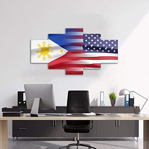 Philippines And Usa Flag Wall Art Canvas Prints Filipino Philippine National Flags Home Decor For Living Room Office Bedroom Pictures 5 Panel Posters Painting Framed Ready To Hang (70"Wx40"H, G) #TOP4