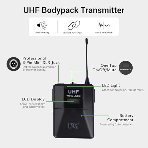 Image of MX UHF Wireless Microphone System - Cordless Mic Set with Headset, Bodypack Transmitter & Receiver - Ideal for Karaoke, Conferences, Stage Performances, Weddings, DJ, Parties, and Speeches