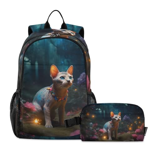 Firefly and Cat Backpack Lunch Bag Set for Travel Hiking Picnic, Backpacks with Insulated Lunch Box