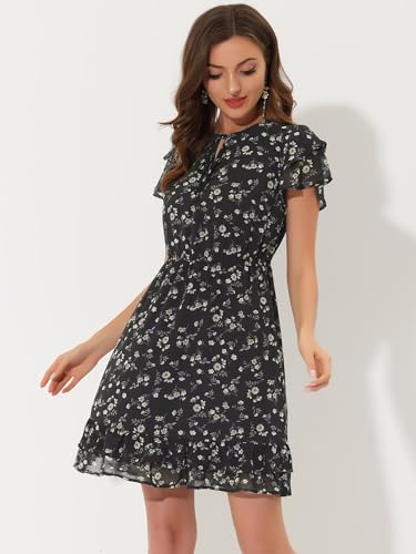 Allegra K Women's Chiffon Floral Petal Sleeve Self-Tie V Neck Flowy A-Line Ruffle Dress2