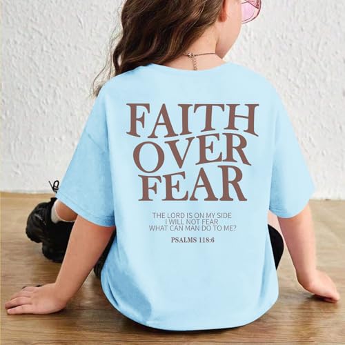 Image of Girls Faith Over Fear Christian Shirts for Kids Jesus God Bible Verse Religious Tshirt Cute Preppy Graphic Tees Tops