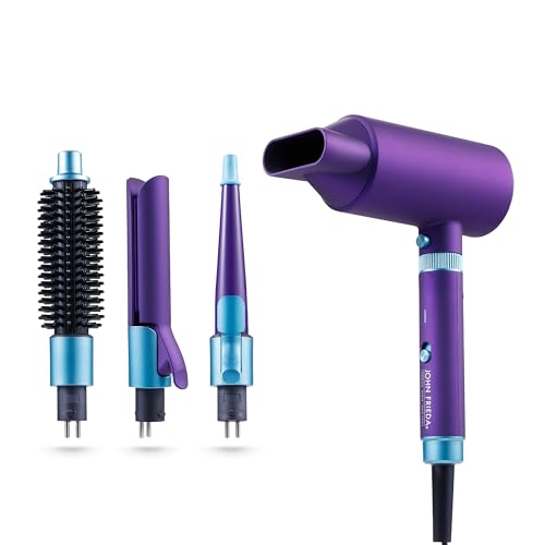 John Frieda 4-in-1 Hair Styler Set with Dryer, Ceramic Flat Iron, Curling Wand, and Heated Brush, Portable Styling Tools for All Hair Types, Anti-Frizz & Shine Enhancement