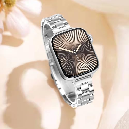 Image of Melyis Slim Metal Band Compatible with Apple Watch Bands for Women 46mm 45mm 44mm 42mm 49mm, Premium Stainless Steel iWatch Bands for Apple Watch Series 11 10 Series 9 SE 8 7 6 5 4 3 2 Ultra, Silver