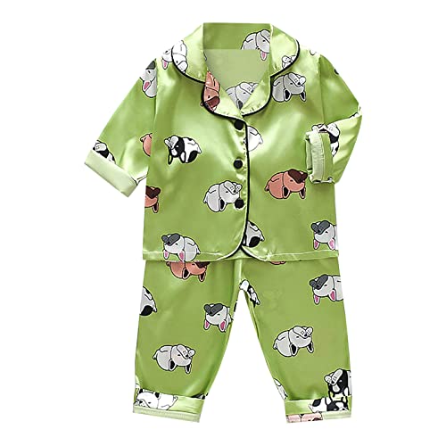 𝐏a𝐣amas for Toddler Boys Girls Silky Button-Down 𝐒lee𝐩wear Long Sleeve with Pants 2-Piece Comfy (d-Green, 2-3 Years)