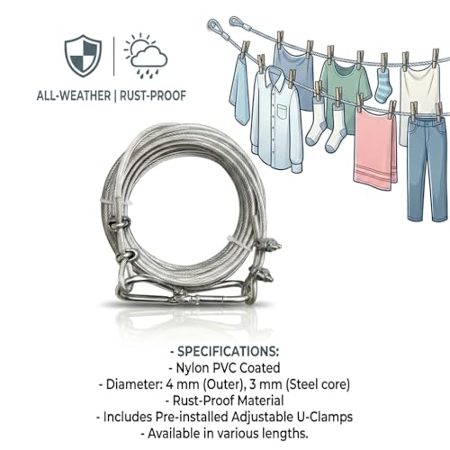 Image of 10 Meters Heavy Duty 4mm PVC Coated Steel Clothesline Wire Ideal for Home Use, Adjustable U-Clamps, Rustproof Anti-Sag, with Carabiner Hooks (Wall Hooks Not Included)