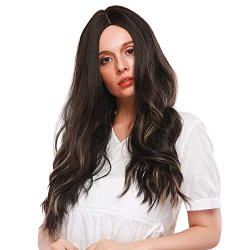 TopWigy Long Brown Wavy Wig with Highlights Long Dark Brown Wig Kryssma Wigs Heat Resistant Replacement Wig Synthetic Wigs for Women 28 Inches