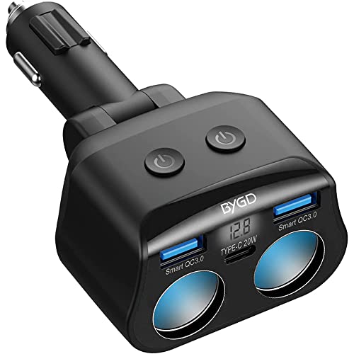 BYGD 2-Socket Cigarette Lighter Splitter,With 20W Type -C?2 × Quick Charge 3.0?Outlet with Separate Switch LED Voltmeter for 12/24V Car, Mobile Phone, GPS, Dash Cam etc.
