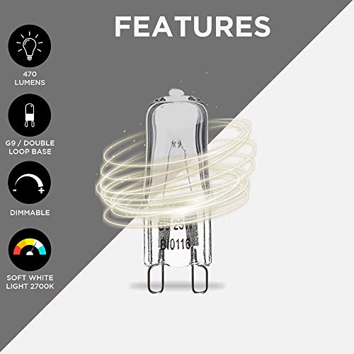 Brite Innovations G9 Halogen Bulb, 40 Watt – 10 Pack – Energy Saving - Dimmable - Soft White 2700K - 120V - Q40, Cl, T4 Jd Type, Clear Light Bulb #TOP2