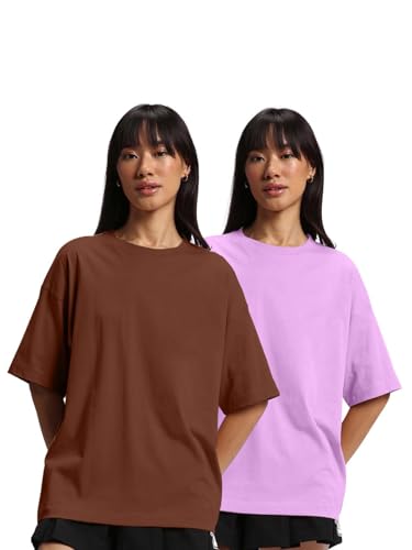 Image of JUNEBERRY Pure Cotton Drop Shoulder Oversized Baggy Fit Half Sleeve Plain Solid Round Neck Multicolor T-Shirt for Women & Girls (Pack of 2) (Sizes S-2XL)